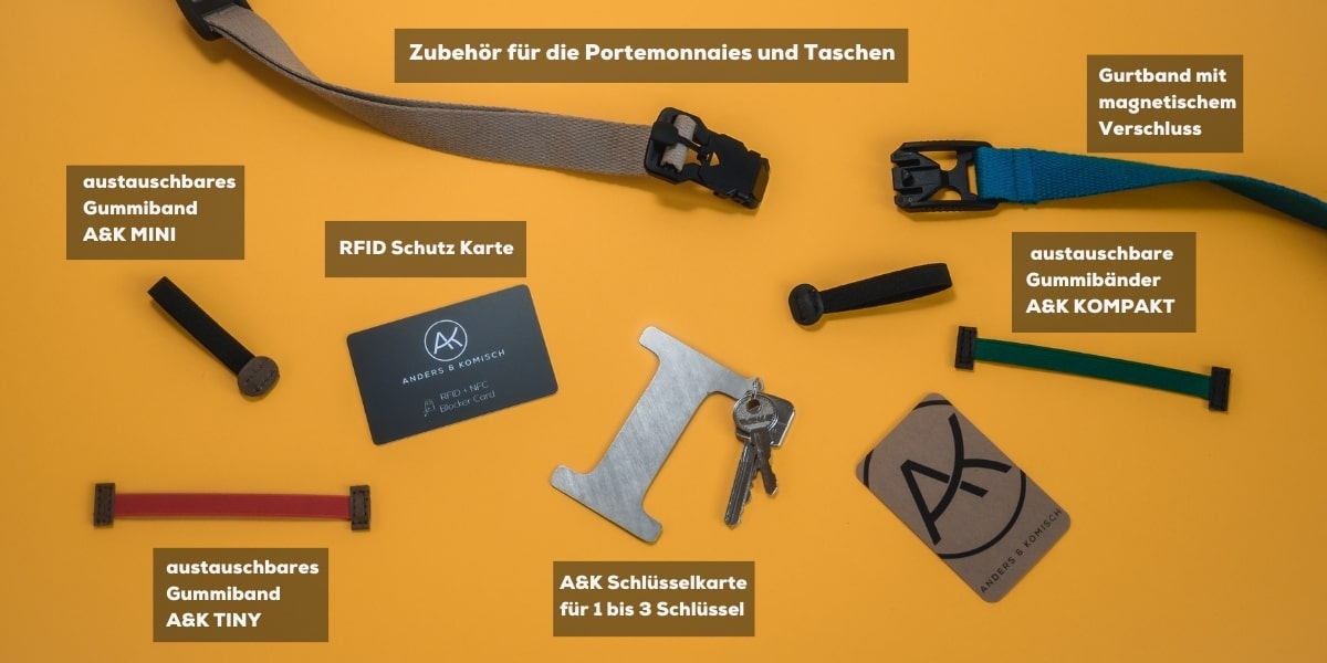 Schlüsselanhänger, RFID Schutz Karte, austauschbare Gummibänder und Gurtbänder. Zubehör für die Portemonnaies und Taschen.